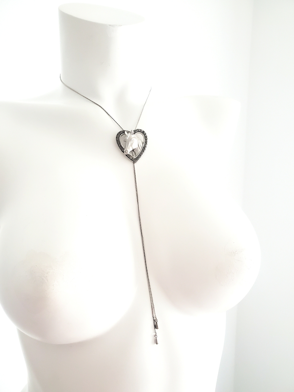 Silver Heart Lariat Necklace with Clear Crystal Accent